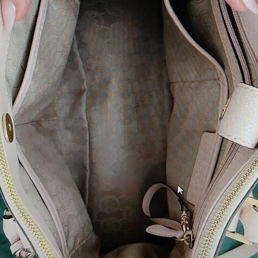 Michael Kors Satchel Bag Purse Double Handle Logo Charm Pink/Tan - Picture 13 of 16